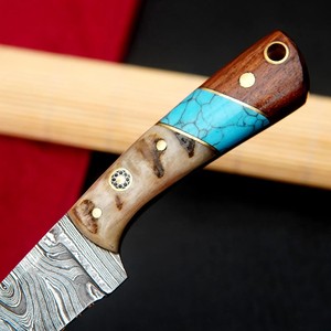 Cuchillo EDC de Hoja Fija de Acero de Damasco, Cuchillos de Caza de Espiga Completa con Mango de Cuerno de Carnero y Madera, Cuchillo OEM para Camping y Actividades al Aire Libre con Funda - Product Image 4