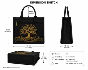 Sac fourre-tout en jute laminé noir AMANI, imprimé arbre, écologique, réutilisable, avec poche zippée en corde, vente en gros pour exposition - Product Image 2