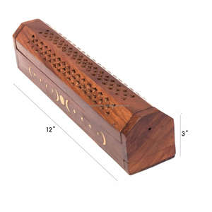 Quemador de incienso de madera tallado a mano hecho a mano con incrustaciones de latón Diseño de Luna y estrellas Aroma de sándalo Temporada de primavera - Product Image 2