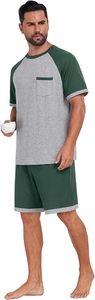 Conjunto de pijama de dos piezas para hombre, talla grande, informal, de verano, con bloques de color, 100% algodón tejido, camiseta de manga corta con bolsillo y pantalones cortos. - Product Image 6