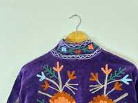 Veste d'hiver respirante en velours Suzani bleu, faite à la main, col montant, broderie florale fantaisie, style bohème hippie indien, unisexe