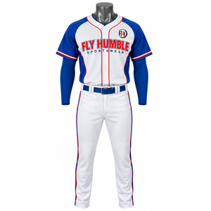 Maillot de baseball Fly Humble Sportswear pour homme, blanc et bleu, manches courtes, broderie du nom de l'équipe, coupe classique, vêtements pour toutes les saisons - Product Image 1