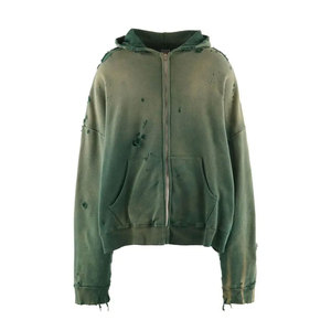 Sudadera con Capucha Oversize de Algodón Verde Liso con Cremallera y Bolsillos Delanteros, Estilo Desgastado, a la Moda - Product Image 1