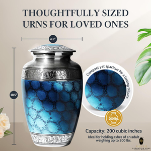 Urne funéraire en métal finition marbre bleu pour cendres humaines |   Urne funéraire décorative pour adulte avec couvercle gravé en argent, 220 pouces cubes - Product Image 4