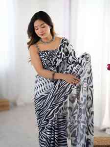 Sari moderne réversible à imprimé zèbre avec motif abstrait en polyester pour femme, tenue de soirée, longueur au sol, coupe classique - Product Image 4