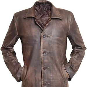 Manteau long en cuir véritable pour homme, col à revers, simple boutonnage, épais, sur mesure - Product Image 5