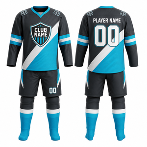 Ensemble de maillots de hockey personnalisés MEGAMAPLE, vêtements de sport pour hommes, noir, bleu, blanc, impression par transfert thermique, chauffe-mains, toutes saisons, 100% - Product Image 1