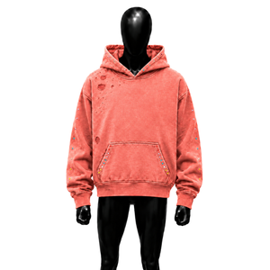 Sweat à capuche oversize rose corail effet vieilli avec clous colorés, poche avant, manches classiques, style moderne streetwear - Product Image 1