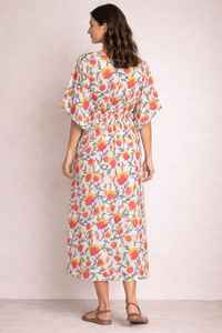 Robe kaftan en coton rose et jaune imprimée à la main, vêtement d'été léger - Product Image 3