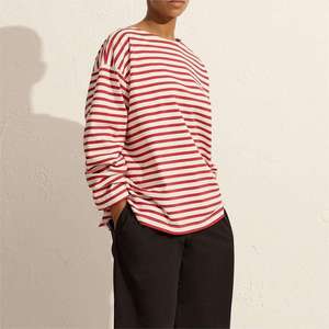 Camiseta de Manga Larga a Rayas para Hombre, Cuello Redondo, Tejido de Algodón, Estilo Casual, Diseño Rojo y Blanco, Transpirable - Product Image 1
