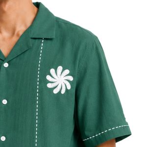 เสื้อเชิ้ตคิวบาคอปกสีเขียว แขนสั้น ปักลายสีขาว ผ้าฝ้ายลินิน ติดกระดุม ลำลอง แฟชั่นชายหาดฤดูร้อน - Product Image 4
