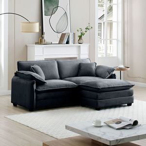 Two-Seater L-Shaped Grey Corduroy <b>Sofa</b> with Ottoman <b>Small</b> Living Spaces Suitable for Living Rooms - Product Image 3