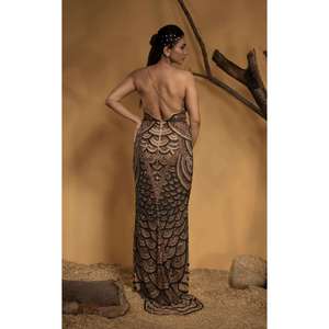 Luxury Bronze <b>Sequin</b> Mermaid Evening Gown | Sleeveless Deep V Neck Backless Party Dress | Women Wedding Prom Designer Wear India - Product Image 2