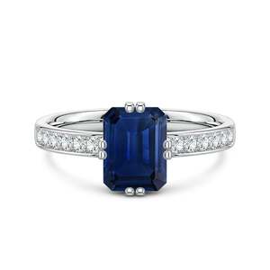 Anillo de Compromiso de Oro Sólido de 14K con Zafiro Azul Corte Esmeralda y Doble Punta Plana, Joyería Fina Hecha a Mano y Personalizada para Boda - Product Image 1