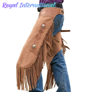 Chaps de cowboy western en cuir tanné faits main Royal International avec franges, équipement de protection pour l'équitation, le rodéo et la moto - Product Image 1
