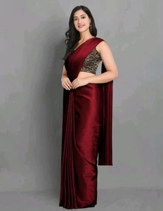 KV Women's Soild/Plain Bollywood Silk Blend <b>Saree</b> With Unstitched Blouse (<b>Maroon</b>) - Product Image 3