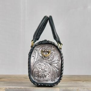 Sac à main de luxe en cuir véritable avec motif floral embossé, poignée supérieure, sac noir durable - Product Image 2