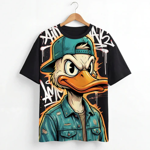 T-shirt pour homme style vintage streetwear avec imprimé de canard de dessin animé, manches courtes, col rond, impression DTF, coupe ample, 100% coton, noir et turquoise - Product Image 1