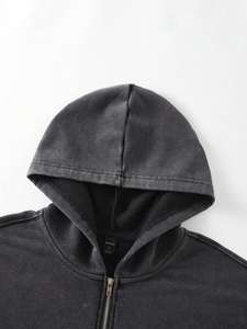 Sudadera con capucha unisex negra lavada con cremallera, bordada, transpirable, de invierno, de algodón polar, oversize, informal, estilo streetwear - Product Image 5