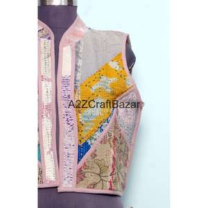 Chaleco Kantha Hecho a Mano 100% Algodón Puro para Mujer, Estampado Floral, Sin Tejido, para Primavera/Otoño, con Mangas Cortas - Product Image 2