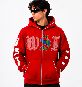 Sweat-shirt à capuche surdimensionné rouge pour homme, broderie de logo WSI en strass, streetwear, polaire, 100% coton, vêtements d'hiver - Product Image 1