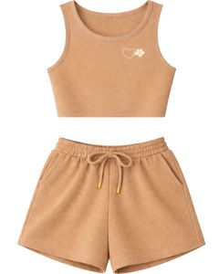 Women Ribbed Crop Tank <b>Top</b> And Drawstring Shorts Set Camel Beige With <b>Heart</b> Daisy Embroidery Casual Lounge Two Piece Outfit - Product Image 1
