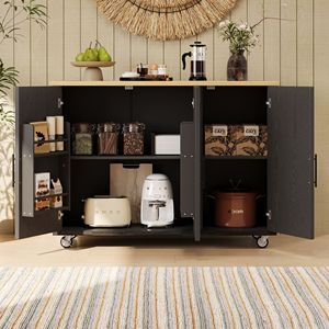 Isola da Cucina con Piano Ribaltabile da 130 cm, Design Geometrico a Righe Testurizzate, con Ruote in Stile Rustico e Spazio Interno - Product Image 2