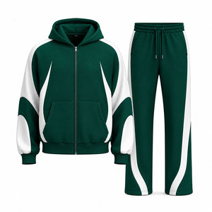 Custom Logo Green White Color Blocking Tracksuit 100% Set Full <b>Zip</b> <b>Hooded</b> 450 Gsm Sweatshirt Pants - Product Image 1