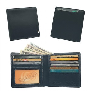 Castello <b>Men's</b> Hipster <b>Wallet</b> Genuine Cowhide Soft Leather Open RFID Embossed Logo Polyester <b>Black</b> Short Length - Product Image 1