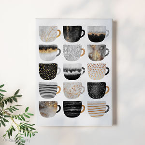 Décoration murale festive, affiche illustrative de collection de tasses à café noir et blanc, art mural moderne pour cuisine - Product Image 1