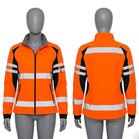 Veste de sécurité softshell en polyester et élasthanne pour femme, orange et noir, avec panneaux réfléchissants, logo brodé personnalisé, transfert thermique