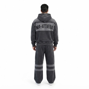 Ensemble de survêtement deux pièces pour homme, sweat à capuche zippé et pantalon de jogging large, couleur noire délavée, style color block - Product Image 4