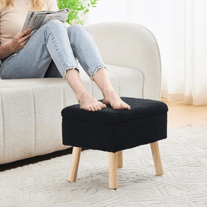 Black Rectangular <b>Storage</b> Ottoman with Teddy Fleece Upholstery Solid Wood Legs Foot <b>Stool</b> Bench for Entryway - Product Image 5