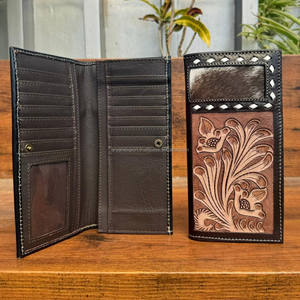 กระเป๋าสตางค์แบบยาวสองพับทำจากหนังวัวแท้สำหรับผู้ชายกระเป๋าสตางค์หนังวัวลายดอกไม้คุณภาพสูงใส่บัตรได้ - Product Image 4