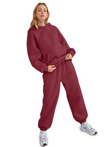 Conjunto deportivo de dos piezas para mujer, color granate/burdeos, sudadera con capucha extragrande y pantalones jogger, informal, de forro polar, para invierno, para el gimnasio. - Product Image 1