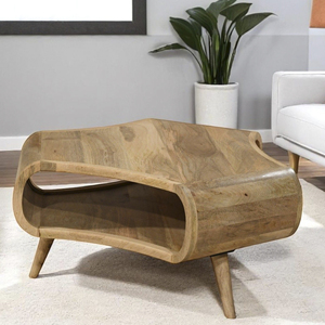 Table basse de salon en bois de manguier, hexagonale, rétro, faite à la main, avec bords incurvés et trois compartiments de rangement ouverts - Product Image 1