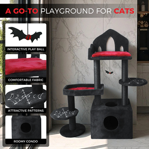 Arbre à chat moderne noir et rouge pour chats d'intérieur avec jouet interactif à gratter en sisal, emballé en carton pour plusieurs chats - Product Image 3