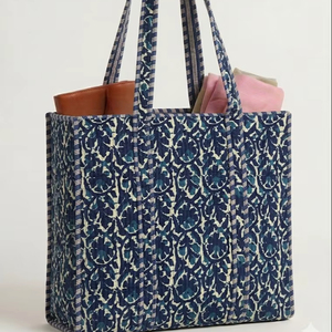 กระเป๋าผ้าฝ้ายพิมพ์ลายบล็อกอินเดีย กระเป๋าช้อปปิ้งลายดอกไม้เย็บติดกัน กระเป๋าสะพายไหล่แฟชั่นผู้หญิงทำมือ - Product Image 1