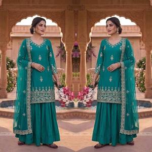 Emerald <b>Green</b> <b>Silk</b> Lahenga Kameez With Embroidered Dupatta Traditional Indian Wedding Wear Women's Floor-Length Outfit - Product Image 1