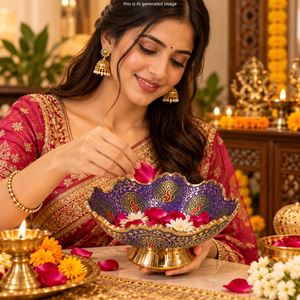 5 Inch <b>Purple</b> Brass <b>Decorative</b> Bowl with Peacock Design, Traditional Indian Handcrafted Bowl for Pooja, Home <b>Decor</b>, Wedding - Product Image 5