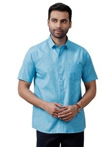 Chemise en lin riche pour homme, bleu ciel foncé, col rabattu, fermeture à bouton unique blanc, chemise d'été pour homme - Product Image 1
