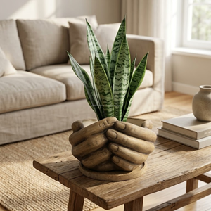 Handmade Ceramic Hand <b>Vase</b> with Wooden Tray Artistic Succulent Planter for Gift Shops and Lifestyle Stores - Product Image 5