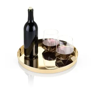 Contemporary Gold Handmade Metal <b>Centrepiece</b> Tray for Elegant <b>Dining</b> Room <b>Table</b> DecorationRound Gold Plated Decorative Tray - Product Image 2