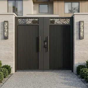 Puerta Principal Moderna de Metal Negro con Paneles Verticales Decorativos, Diseño Geométrico en la Parte Superior y Cerradura Inteligente para Entrada de Villa - Product Image 2