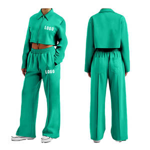 Wholesale Women 2 Piece Tracksuit Crop Zip Jacket High Waist <b>Straight</b> <b>Leg</b> <b>Pants</b> Casual Sports Streetwear Custom Logo Outfits - Product Image 3