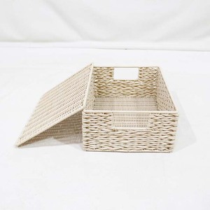Cesta de Almacenamiento de Plástico Ecológica Moderna Tejida en Color Beige, Caja Organizadora Rectangular con Tapa para Baño, Cocina, Dormitorio - Product Image 2