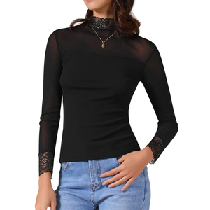 Chemise à col boutonné en dentelle à mailles pour femmes, semi-transparente en mousseline de soie, manches plissées, coupe régulière, hauts décontractés - Product Image 4