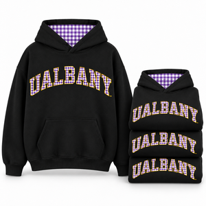 Sweat-shirt à capuche noir pour femme UAlbany, imprimé à carreaux, en polaire, manches longues, style décontracté, style automne - Product Image 6