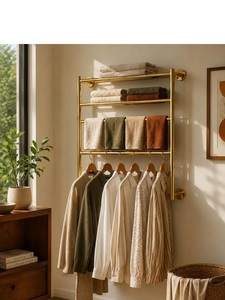 Modern Brass Wall Mounted Towel Rack Five Tier Rectangle Storage Holder Bathroom Decor Gold Plated Metal Durable Outdoor Use - Product Image 3