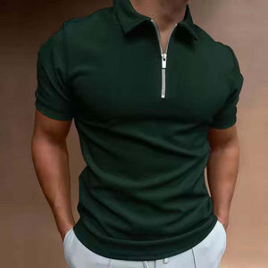 Camisa de Manga Corta para Hombre, Color Verde Oscuro, con Cierre, Cuello Camisero, Tejido de Punto, Color Sólido, Transpirable, 100% Algodón, para Invierno - Product Image 1